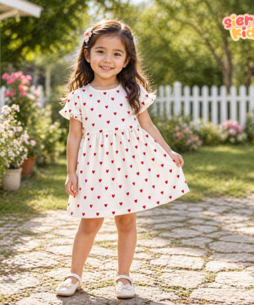 Adorable White Heart-Print Frock for Girls (Ages 1–8)
