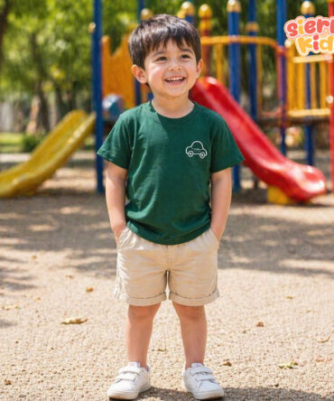Sierra Kids Green Car Embroidered T-Shirt | Comfy & Playful (Ages 4–10)