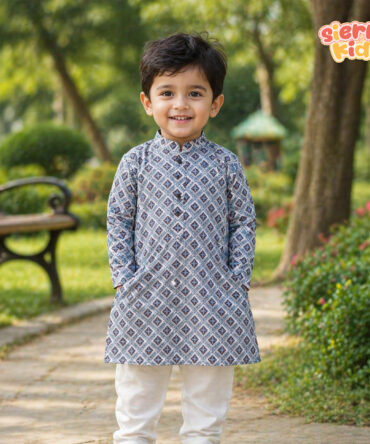 White Buti Printed Panjabi | Comfortable & Festive Wear (Ages 1–10) with Pant