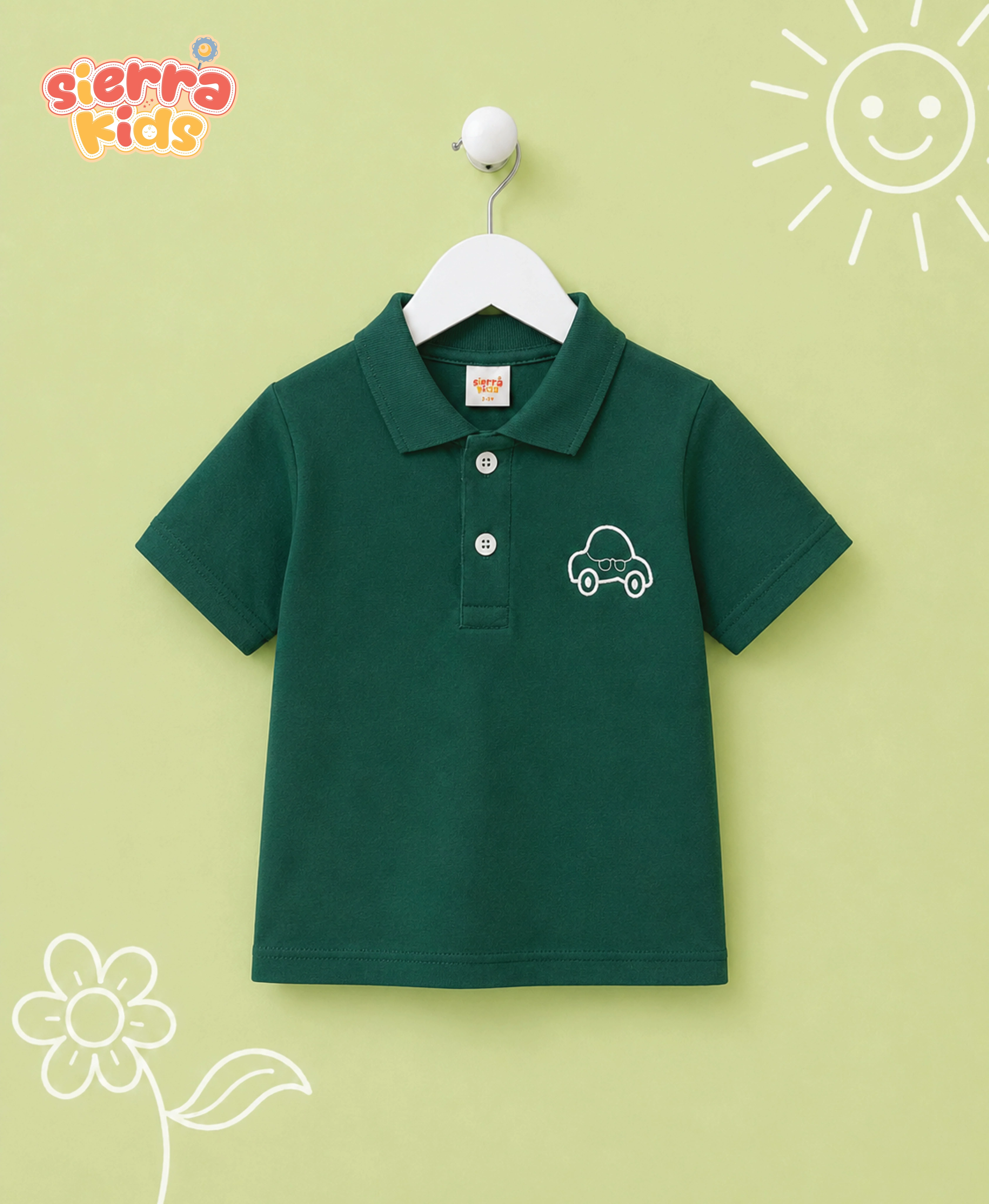 Sierra Kids Green Car Embroidered T-Shirt | Comfy & Playful (Ages 4–10)